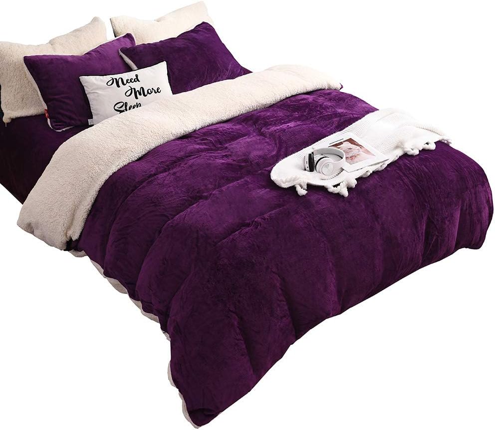 Zhoingyu 4Pcs Flannel Sheep Velvet Winter Thicken Super Soft Warm Quilt Cover Sheets Blankets (Queen, drak Purple)