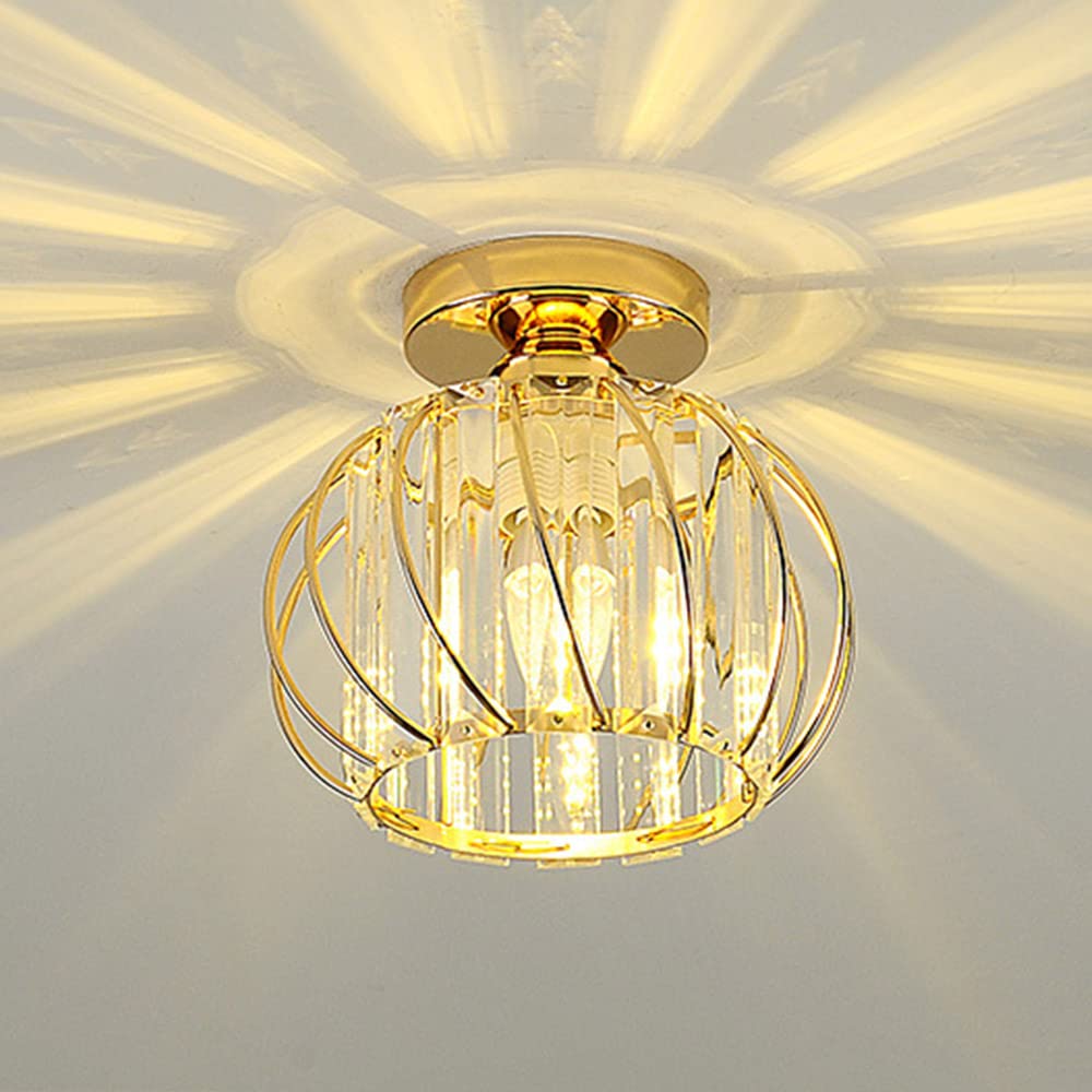 Mengjay Gold Crystal Chandeliers Ceiling Lights, E27 Semi Flush Mount Ceiling Lights Fixture,LED Crystal Ceiling Lamp for Hallway Kitchen Bedroom Living Room Dining Room (Ceiling)