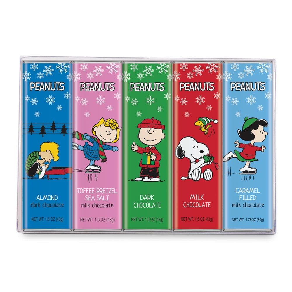 Peanuts Chocolate Winter Variety Gift Pack, Snoopy Gourmet Bar Snack Set, Charlie Brown Gifts for Kids, 1.5oz 5-Bar Rich Belgian Chocolate Holiday Box Set, Kosher Candy,