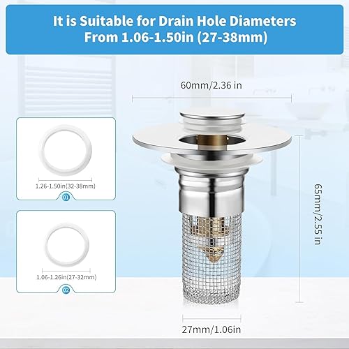 Miniatura 3 de SKTARFU Paquete de 2 tapones para fregadero de baño de 1.06 a 1.50 pulgadas, filtro de drenaje universal con colador de pelo, tapón universal para