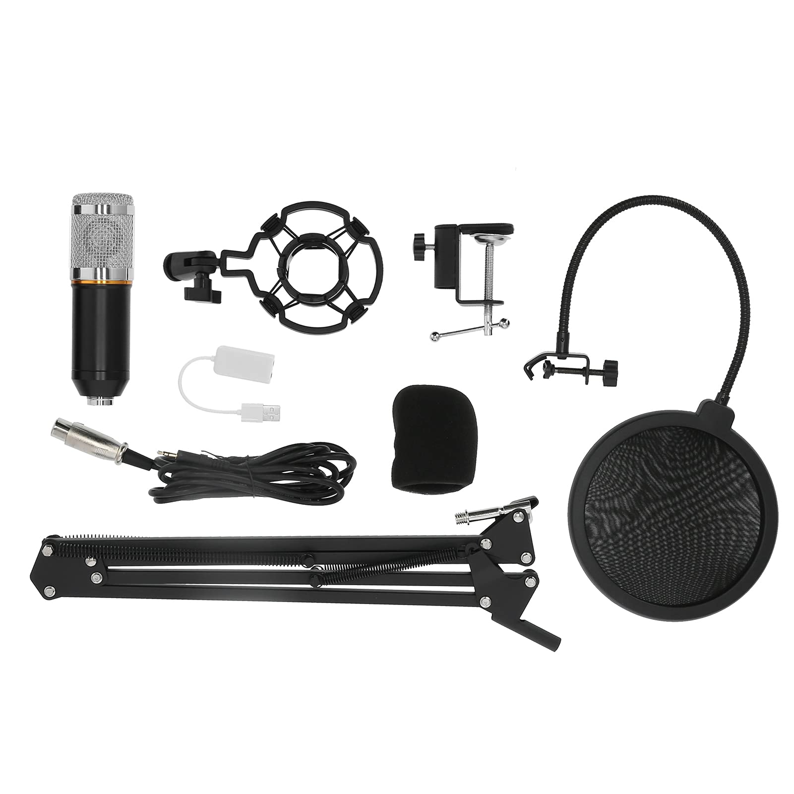 Kit microfono a condensatore BM800, microfono di registrazione professionale USB con braccio flessibile, suono chiaro per doppiaggio di canto in streaming, include spugna antiurto (Nero+Argento)