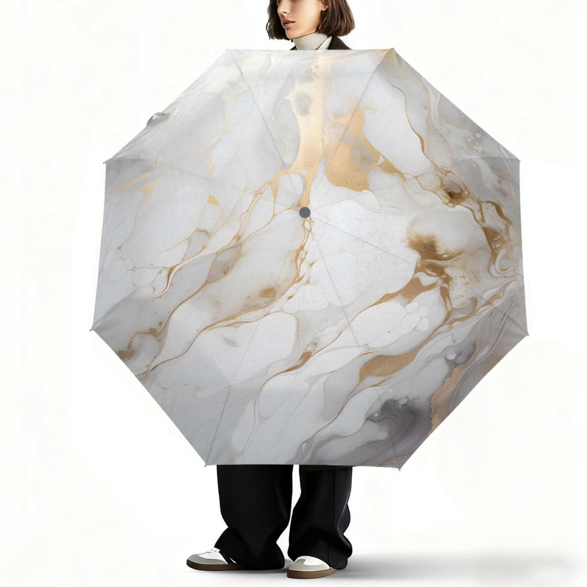 Ombrello pieghevole da viaggio con motivo marmo oro bianco ombrello compatto antivento impermeabile con protezione UV rivestimento nero leggero 8 coste portatile per pioggia sole