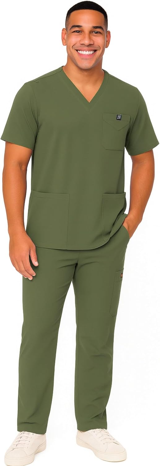M&M SCRUBS Men's Scrub Set – Stretch V-Neck Multi-Pocket Mens Medical Uniform Scrubs Top & Cargo Pants