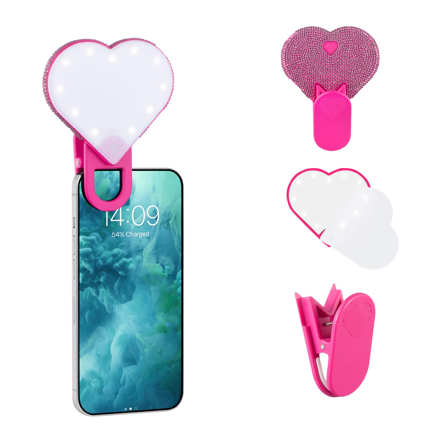 Riki Sweetheart Clip-On LED Makeup Mirror and Selfie Light, Rechargeable with Long-Lasting Battery, CRI 95+ for Phone, Laptop, and iPad, Film for TikTok, Instagram (Hot Pink Sparkle)