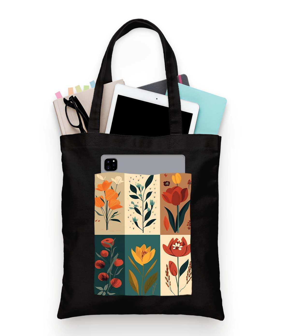 Black Tote Bag With Pocket Printed Designed Canvas Tote Bags For Women large capacity,Tote bag For Shopping, College, Travel, More Canvas Handbag For Unisex Bag