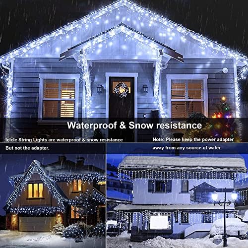 Jane Choi Icicle Lights Outdoor, 50ft 600 LEDs Fairy with Remote &Timer, 4 Types Brightness 8 Models Christmas String 33ft Cables for Decoration, White (SW-LSL-12XX-138)