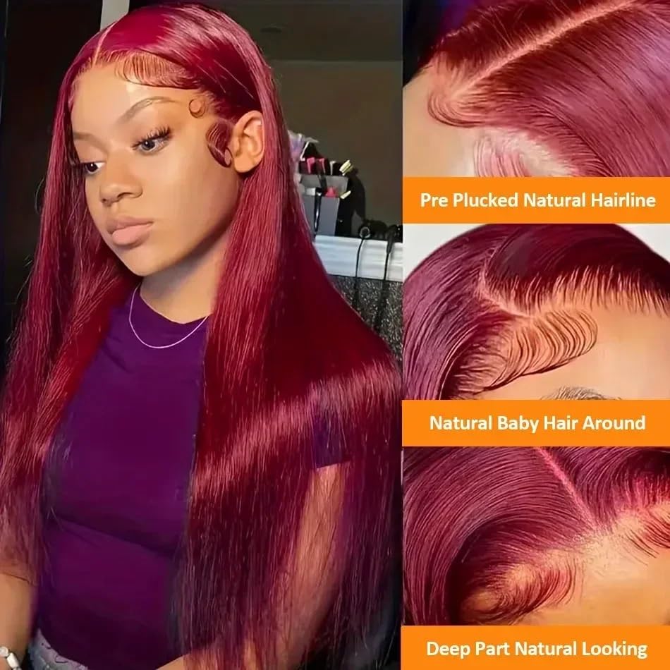Hair Wigs 250 Density 30 32 40 Inch 99J Burgundy Straight 13x4 Lace Front Human Hair Wig 13x6 HD Lace Frontal Wigs Red Remy Brazilian Wine(250%,13X4 HD LACE WIG_3-5 WORKING DAYS_22INCHES)