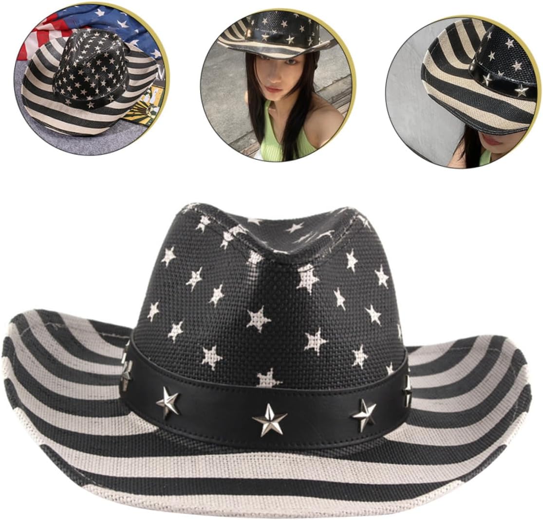 Mikikit American Flag Cowboy Straw Hat, Vintage Multi-Functional US Flag Hat for Men and Women, Patriotic Western Style for Independence Day and Outdoor Events
