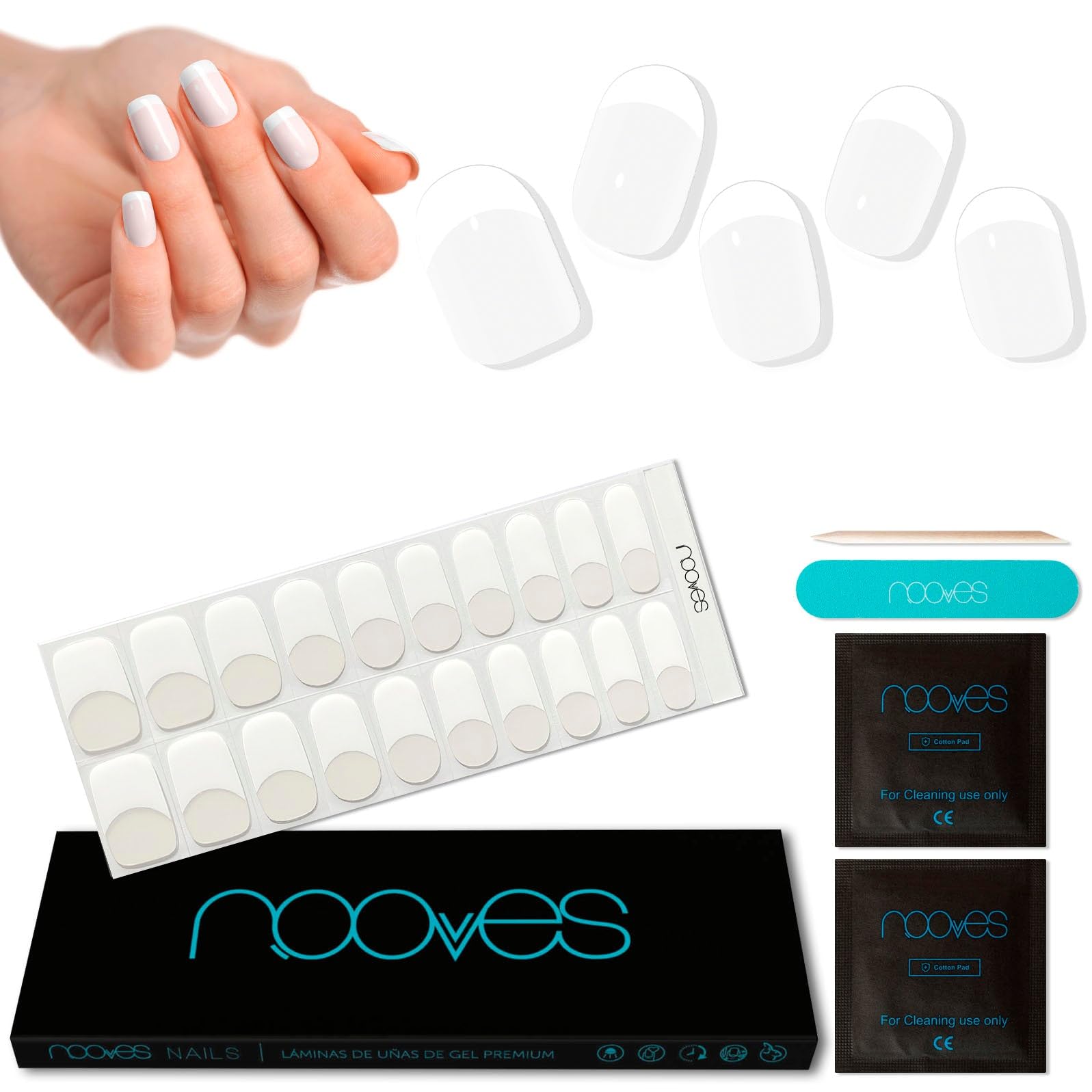 NOOVES - Láminas de Gel para Uñas|Manicura Francesa|French Grace 20 uds, Uñas de Gel Semicuradas Premium, Gel Nail Stickers,Pegatinas Uñas de Gel, Incluye 1 Lima de Uñas y 1 Palito de Naranjo, Vegano