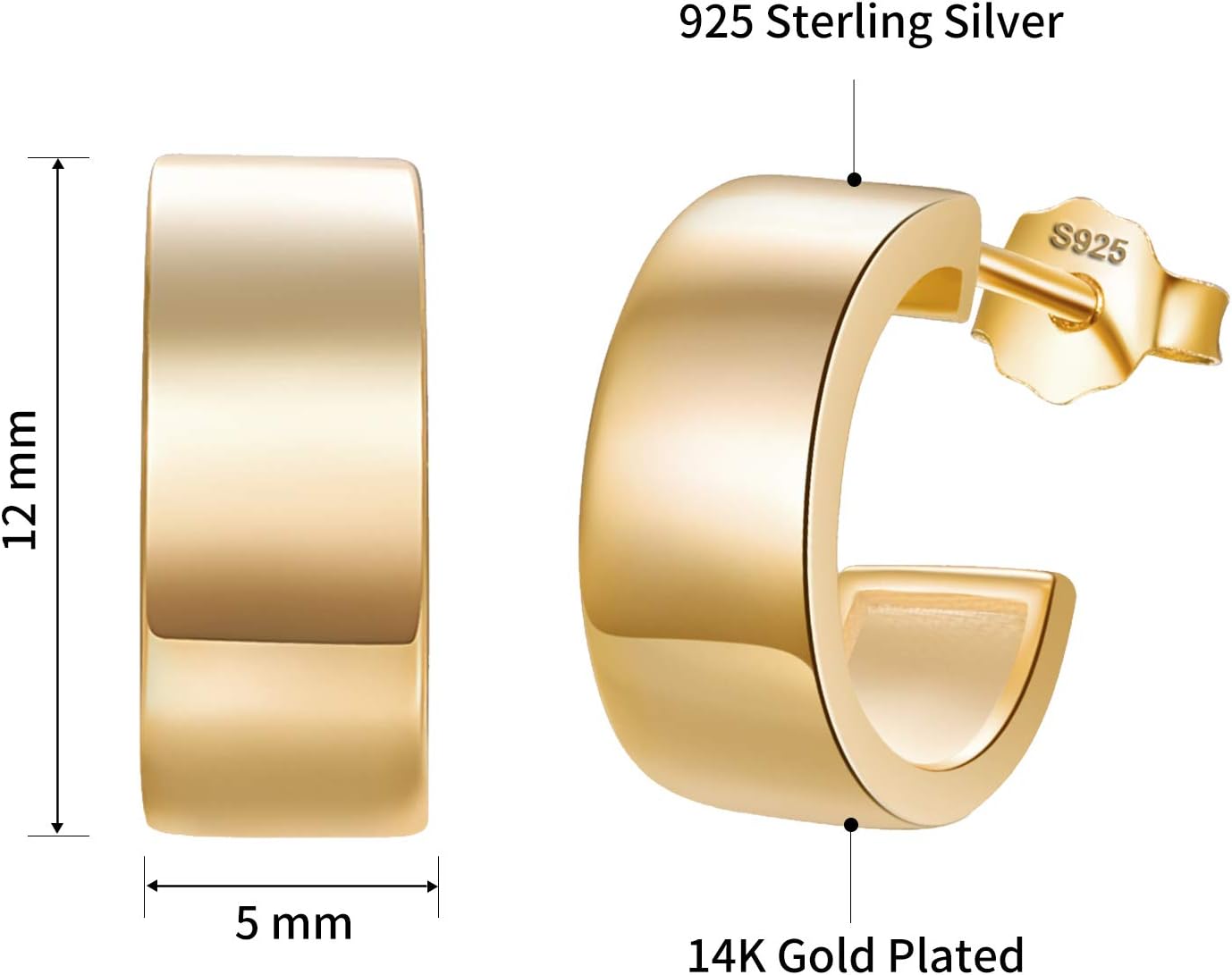 Hoop Chunky Earrings for Women 14K Gold/Rhodium Plated C-Shape Half Open Huggie Earrings 925 Sterling Silver Hoops Temperament Women's Earrings Lightweight, Hypoallergenic - Image 5