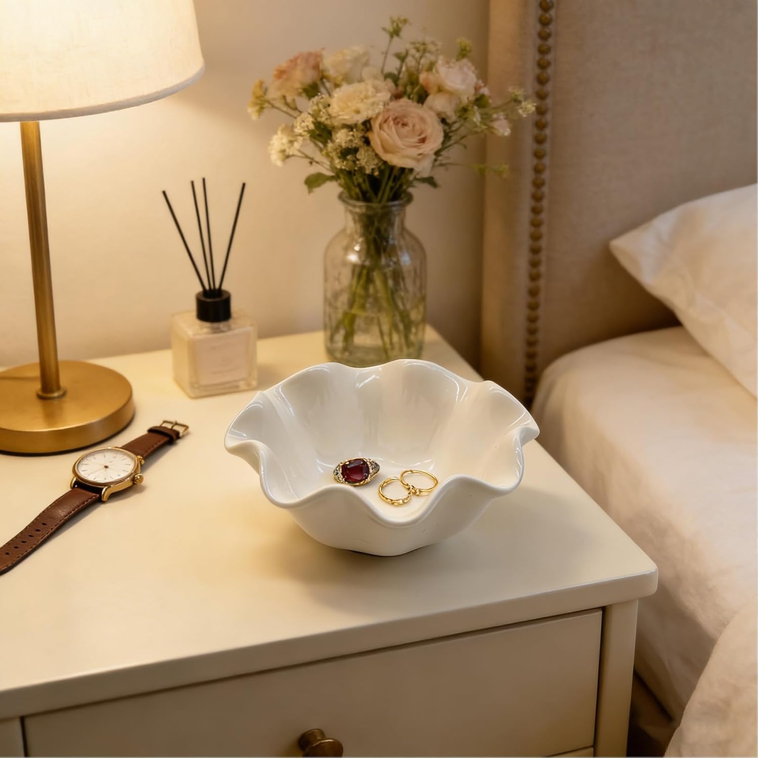 Small Jewelry Tray, Ceramic Lotus Ring Dish, 3.5", White, Vanity Ring Holder, Trinket Dish (White)