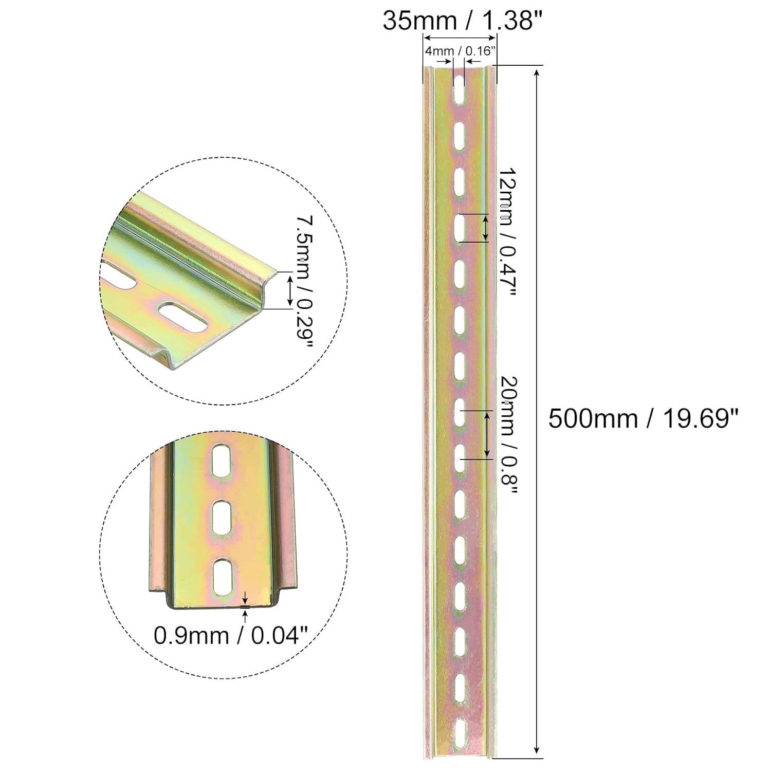 MECCANIXITY 2 Pcs DIN Rail Slotted Iron Mounting Guide 20"(500mm) Long 35mm Wide 7.5mm High Bronze Tone