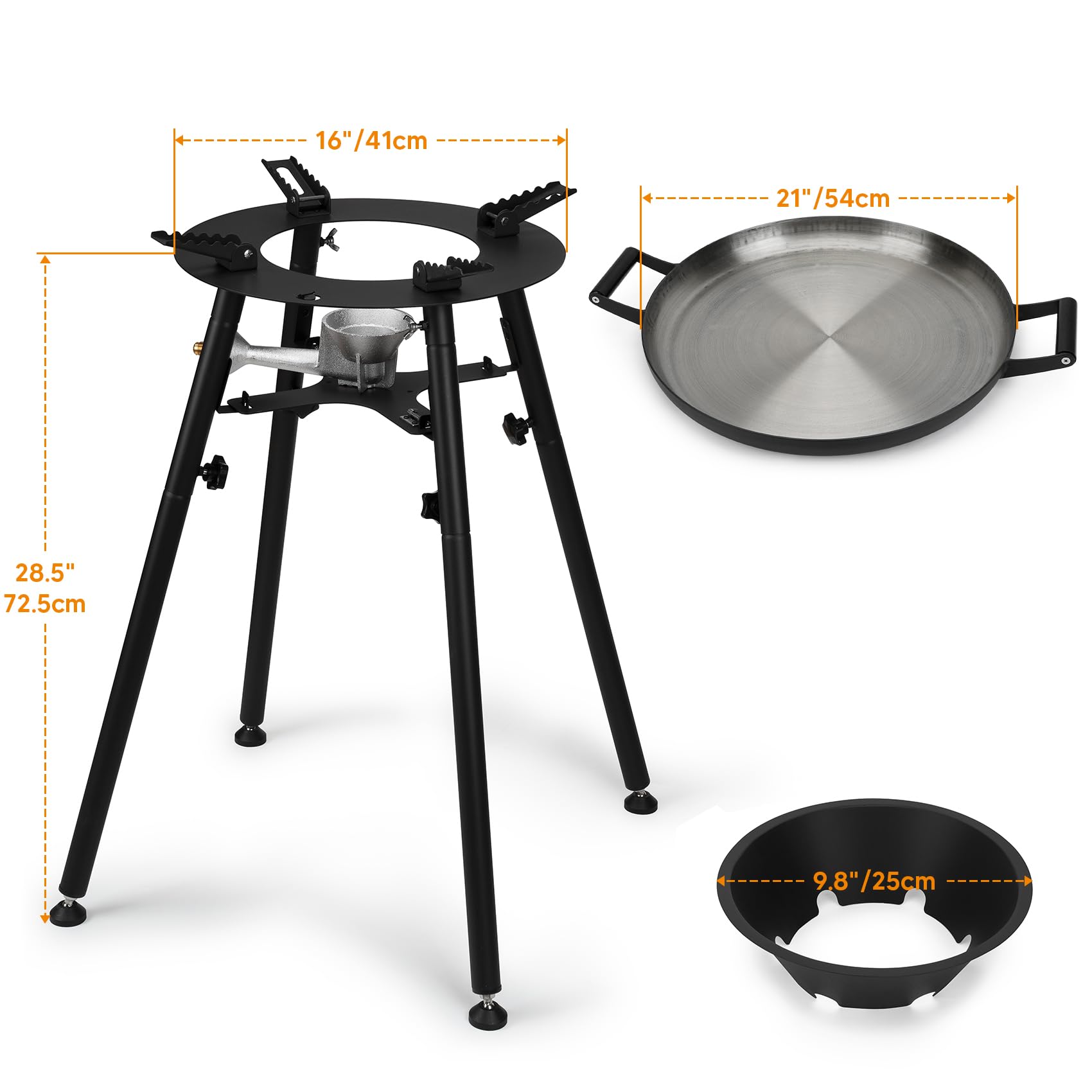 onlyfire Propan Kochsystem Komplett Set für Paella, Paellaset Gasbrenner Outdoor mit 54cm Paellapfanne und Abnehmbarer Fuß, DE Gasregler, mit 4 Beinen und Windschutzscheibe, für Wok, Grillplatte