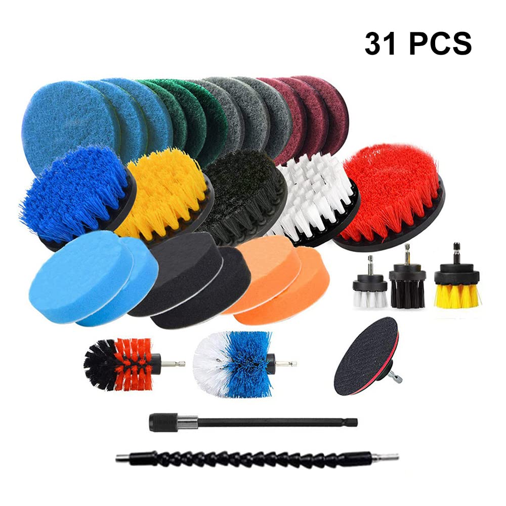 31 Pezzi Set di Spazzole per Trapano Elettrico Include Panno Pulito, Spugna per Strofinare, Spazzola Elettrica con Attacco Lungo ed Esteso Ruotabile, Pulizia Multiuso per