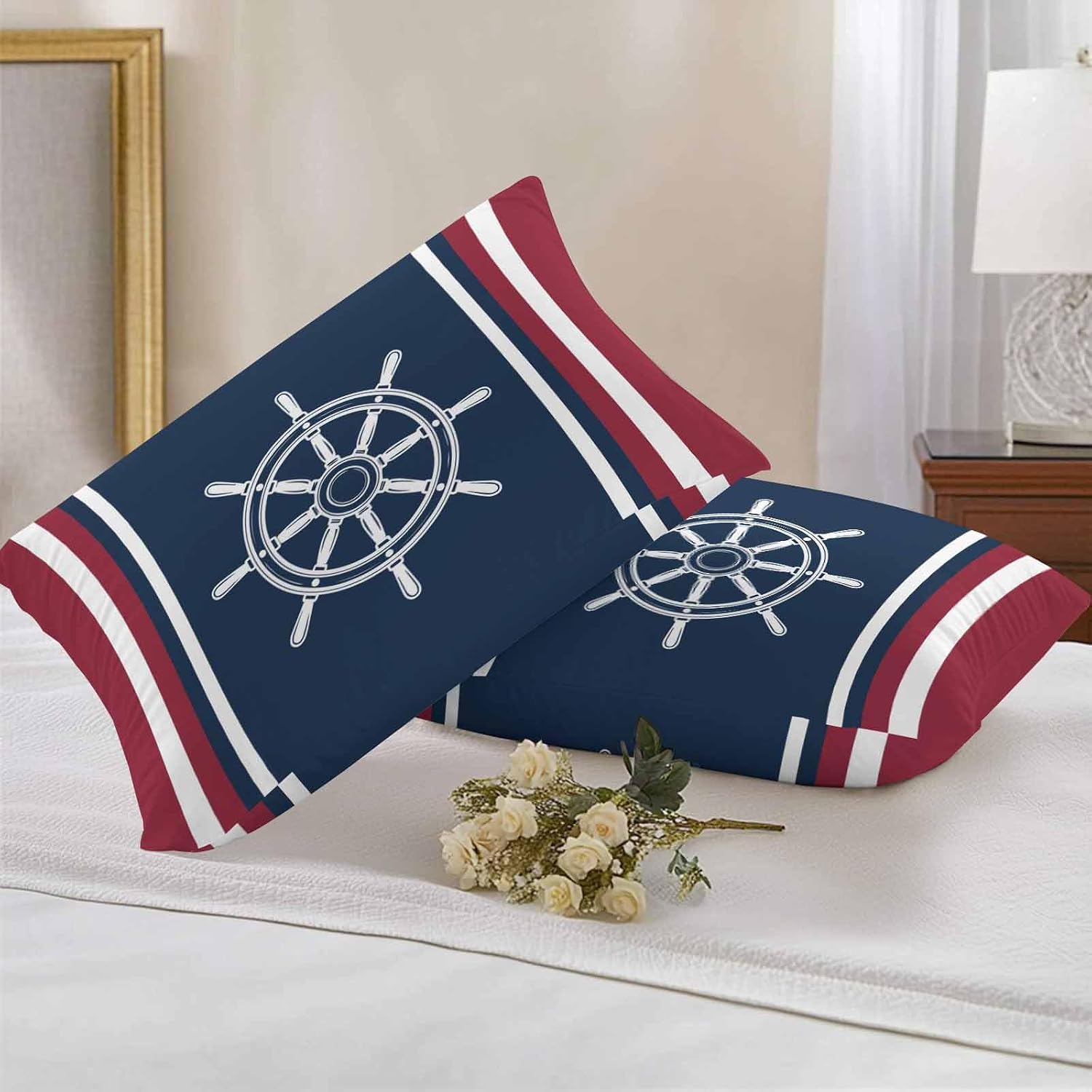 Chucoco Waterproof Pillow Covers for Couch Throw Pillow Cases Set of 2, Nautical White Anchor Navy Blue Red Decorative Cushion Pillow Covers 20x12In,Indoor Outdoor Decoration Geometric Color Art