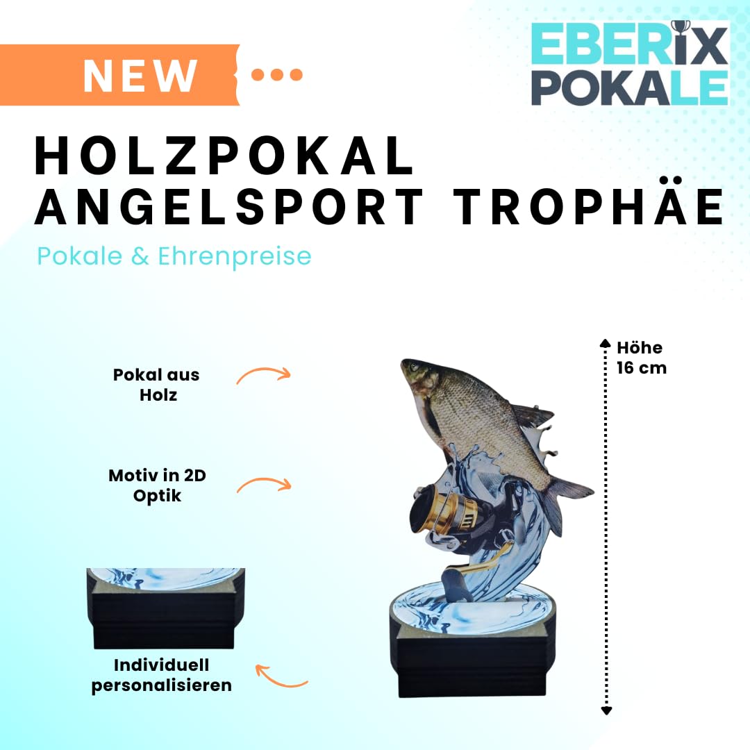 16 cm Holzpokal Trophäe Award mit Fisch & Angelrolle, Wunschgravur inkl. – personalisierbarer Birkensperrholz Pokal für Angelturniere