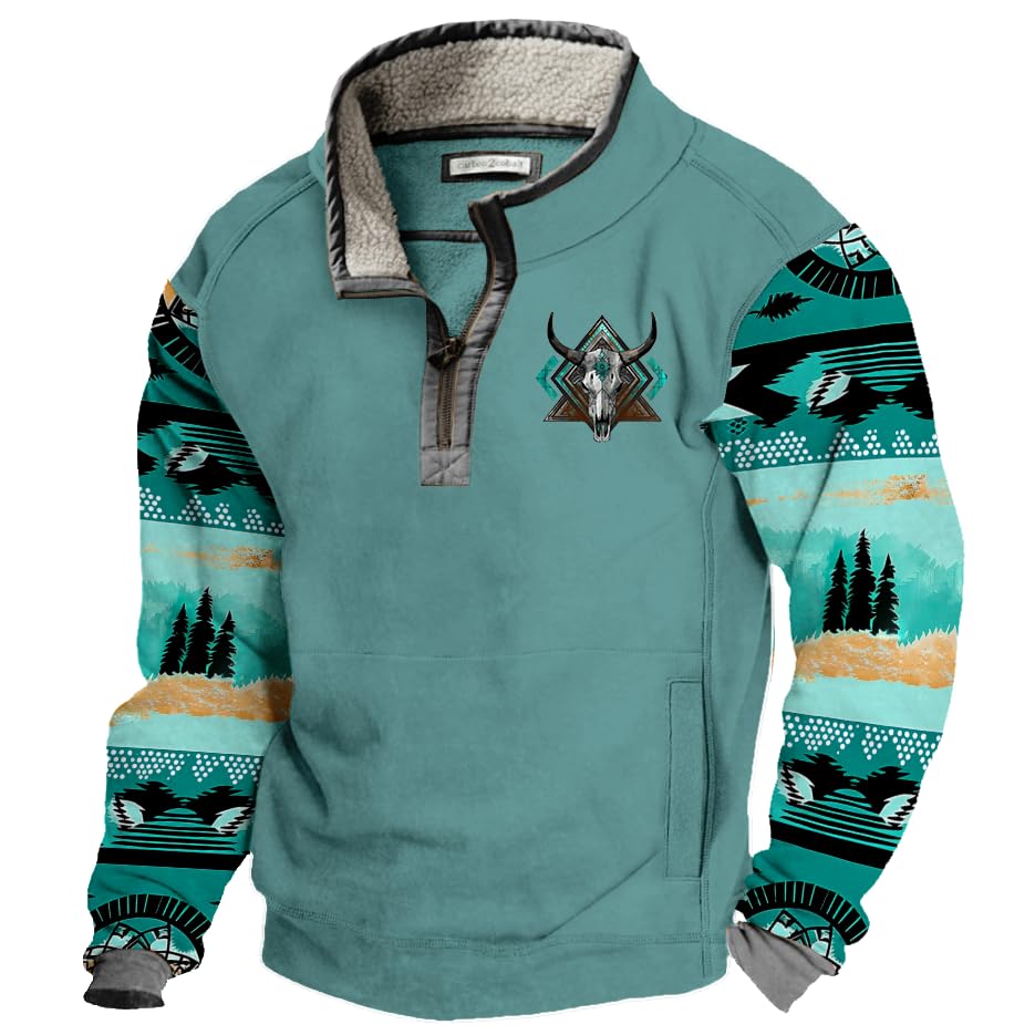 HOTYD Mens 1/4 Zip Fleece Stand Collar Sweatshirt Oversized Long Sleeve Aztec Graphic Pullover Western Jackets with Pockets