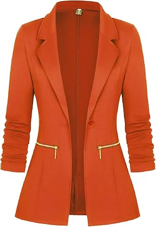 Orange Long Sleeve Blazer with Zipper Pockets