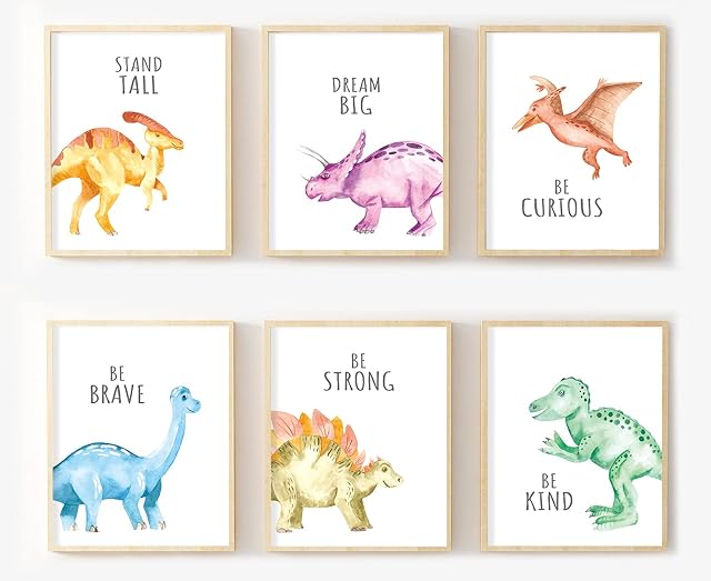Dinosaur Art Print,Dinosaur Watercolor Posters,Set of 6 (8x10)Watercolor Dinosaur Wall Art Print,Dinosaur Inspirational Quote Canvas Wall Art for Boys Kids Bedroom Classroom Nursery Decor,Unframed