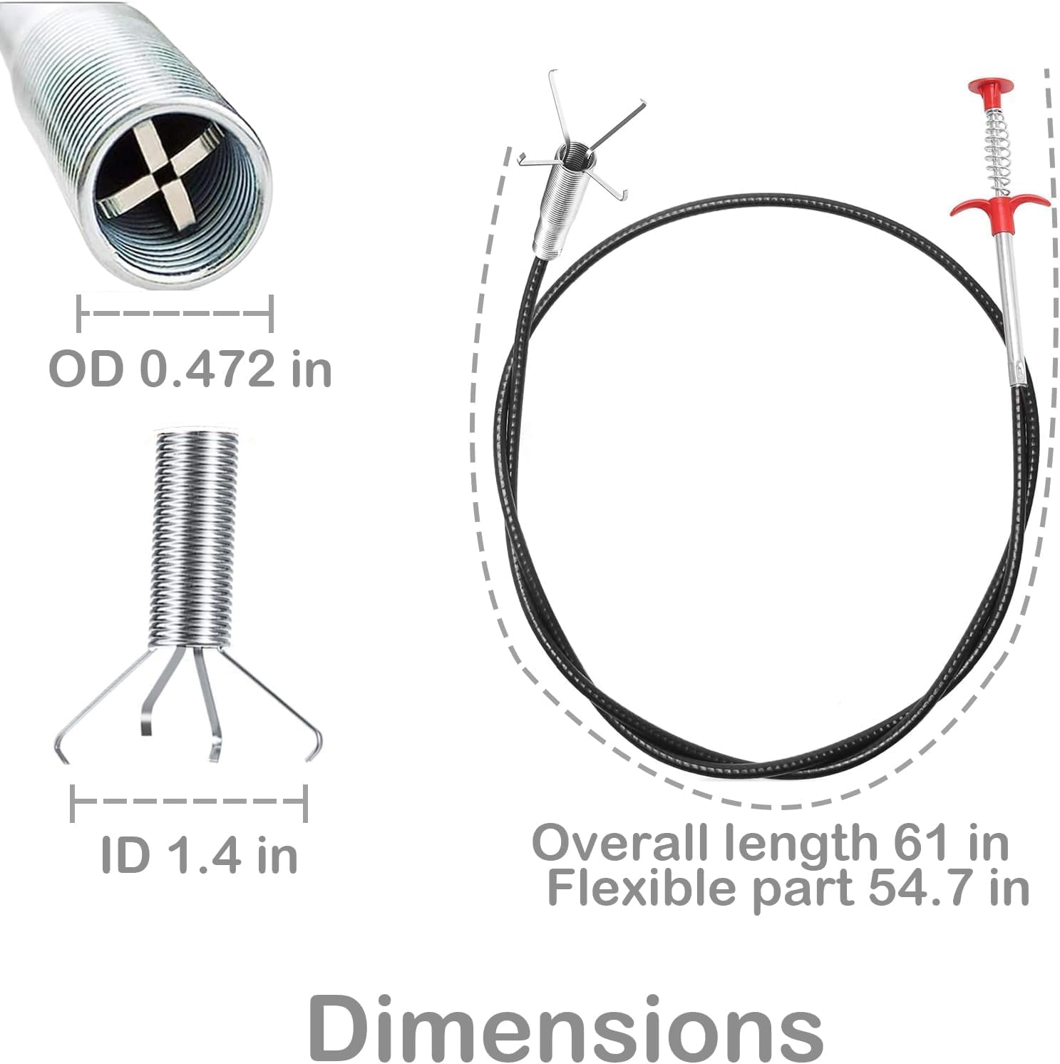 61 Inch Flexible Drain Snake Grabber with 4-Claw Head