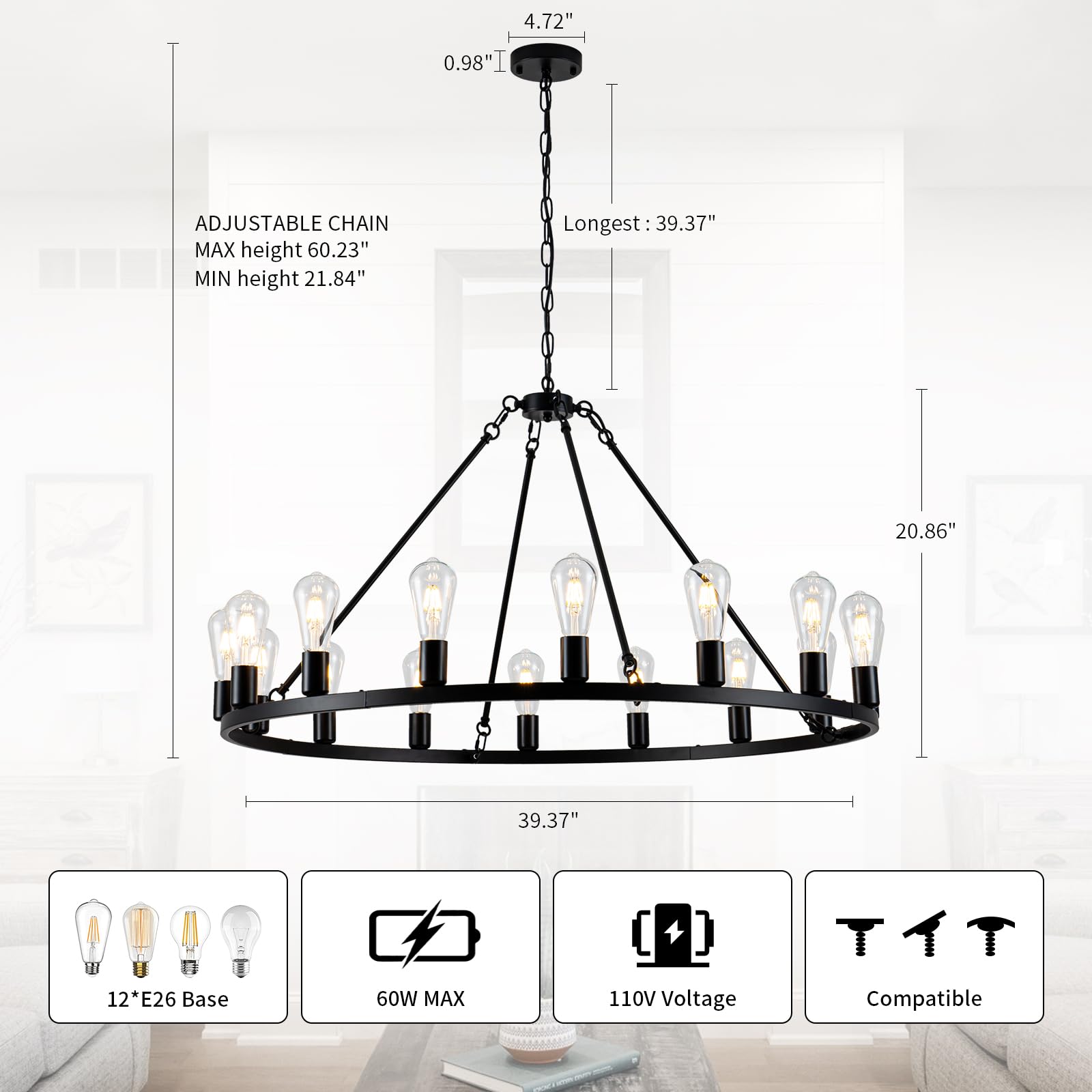16-Light Wagon Wheel Chandelier Review: Farmhouse Rustic Industrial Pendant Ligh 2 16-Light Wagon Wheel Chandelier, 40 inch Farmhouse Wagon Wheel Chandeliers, Black Round Rustic Pendant Lights, Industrial Ceiling Light Fixtures for Dining Room Living Room Bedroom Kitchen Entryway - Detailed View
