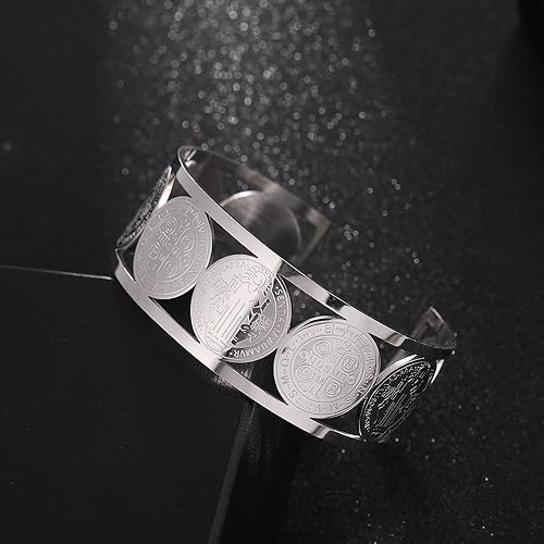 Miniatura 3 de Cross St. Benedict Christian Bracelet, Virgin Mary Catholic Stainless Steel Cuff Bangle