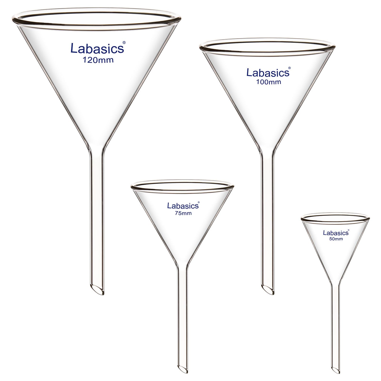 Labasics Set di Imbuti in Vetro Borosilicato, Kit per Filtrazione A Gambo Corto E Pareti Spesse per Laboratorio, Diametro 50/75/100/120 Mm, Confezione Da 4