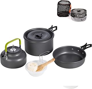 Outdoor Camping Cookware Mess Kit, with Folding Cookset Teapot and Pans Set, Non-Stick Lightweight Pots, Mesh Storage Bag for Camping, Backpacking, Cooking