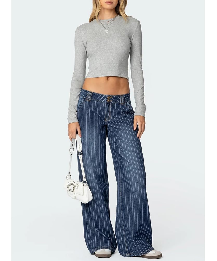 Jeans a Gamba Larga gessati a Vita Bassa da Donna Pantaloni in Denim Larghi Vintage alla Moda
