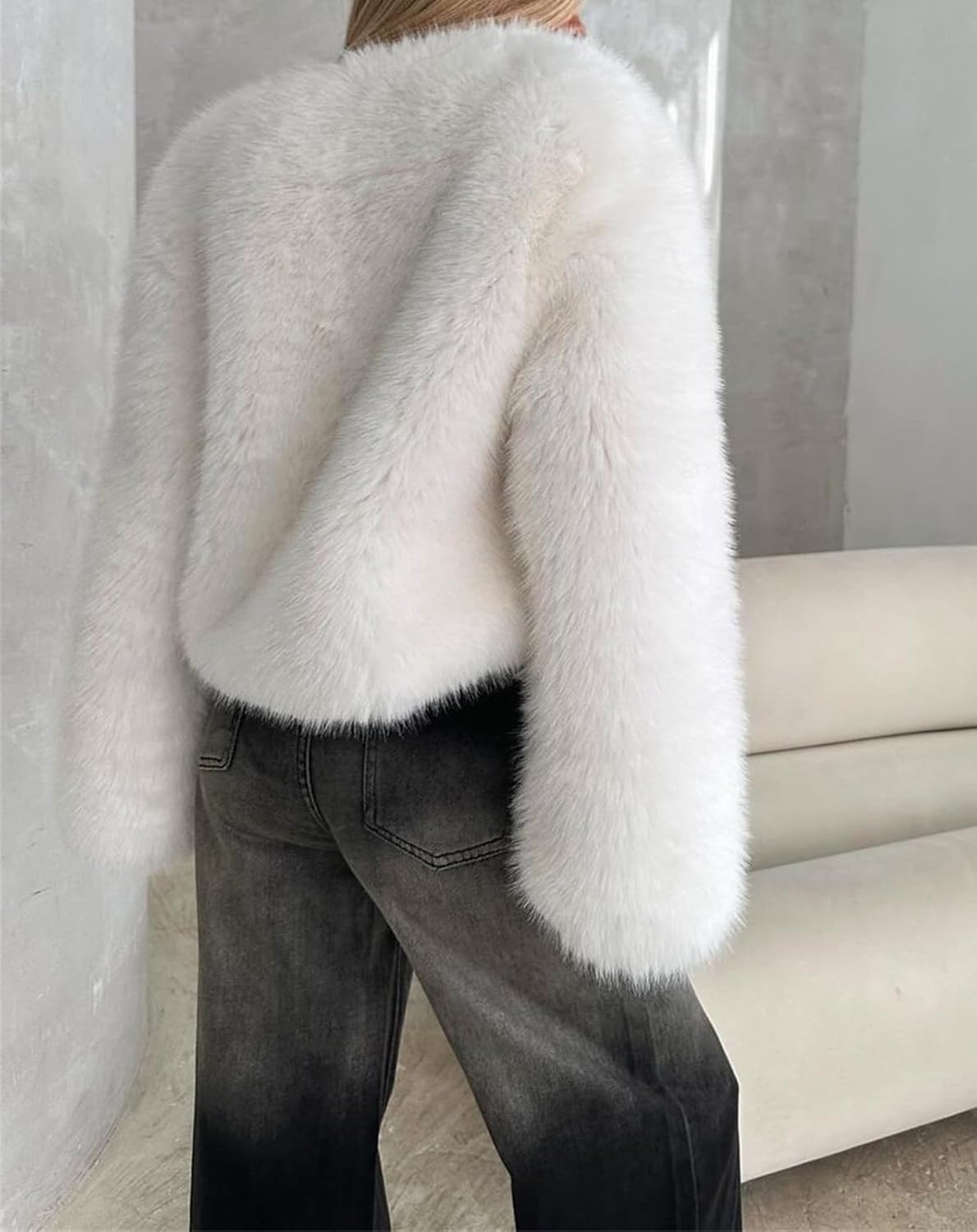 Women's Winter Faux Fur Jacket Long Sleeve Cropped Coat Fluffy Open Front Fashion Shaggy Outerwear Short Coat - Image 2