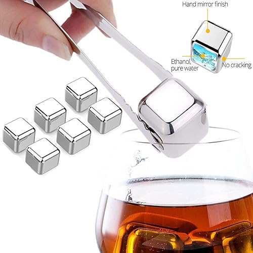 Miniatura 3 de SunPlusPower 6 piezas de piedras de whisky, cubitos de hielo de metal de whisky, cubos de acero inoxidable, reutilizables, sin BPA, para bebidas,