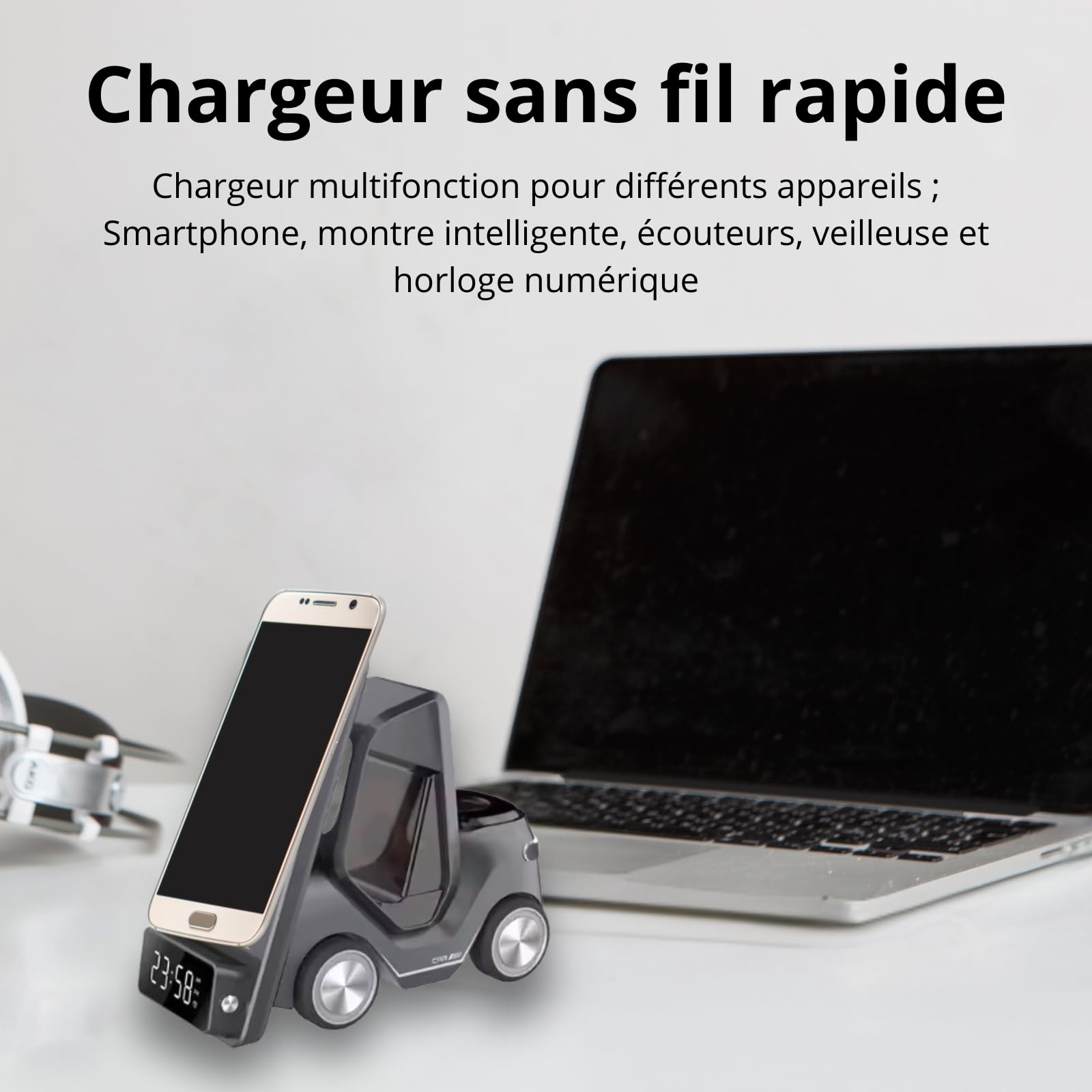 Station de charge sans fil | Support de charge sans fil | Android | Mobile – Montre – Écouteurs | Multifonction | Horloge-Alarme-Lumière | Support | Écran numérique | Réglage automatique | Gris