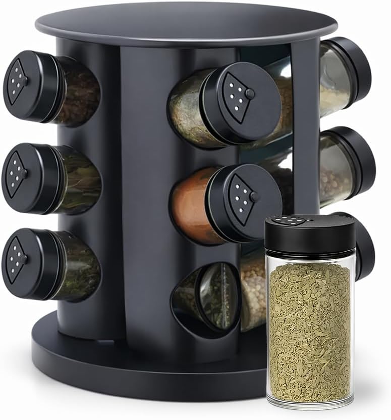 Porta Temperos Giratório Com 12 Potes de Vidro 85Ml Organizador Moderno Para Cozinha Elegante E Funcional Ideal Para Armazenamentos De Especiarias E Temperos Premium