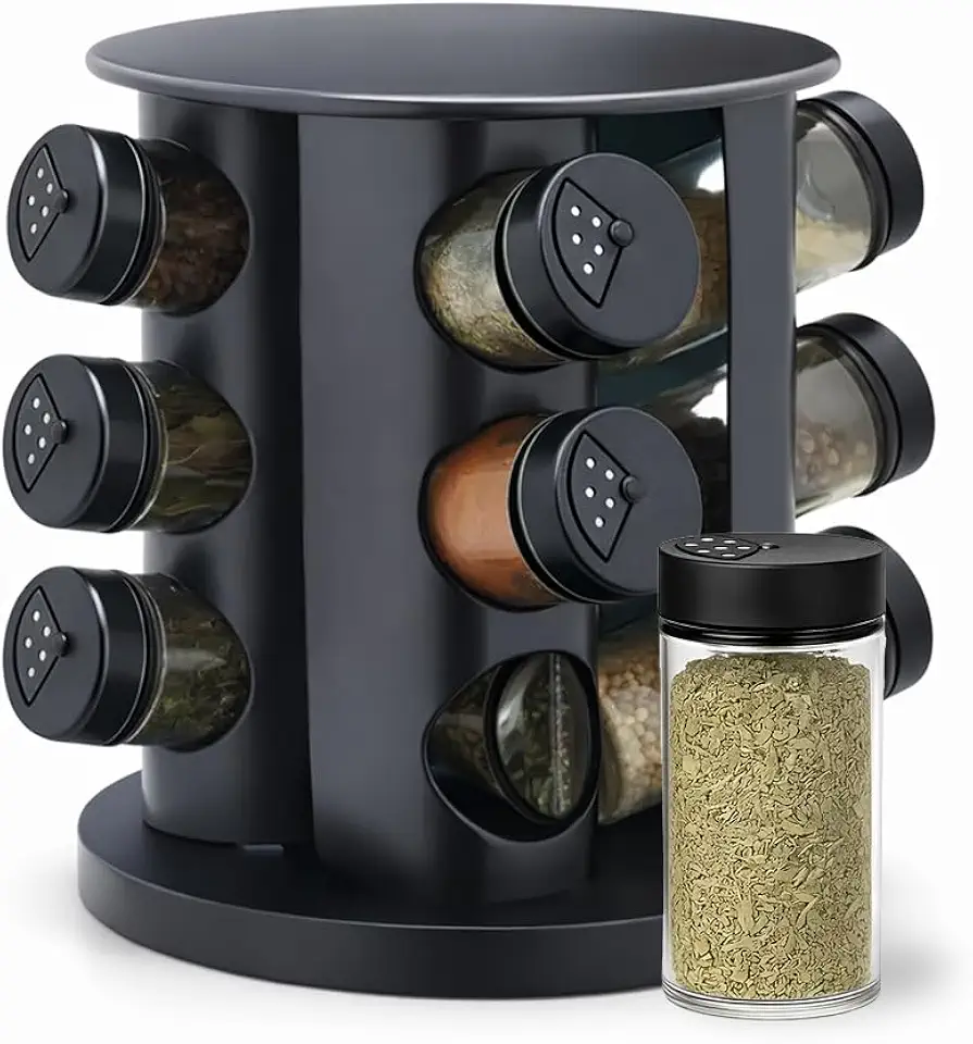 Porta Tempero Condimentos Giratório Preto Com 9 Potes 85ml Para Armazenamento De Temperos e Especiarias Resistente Premium