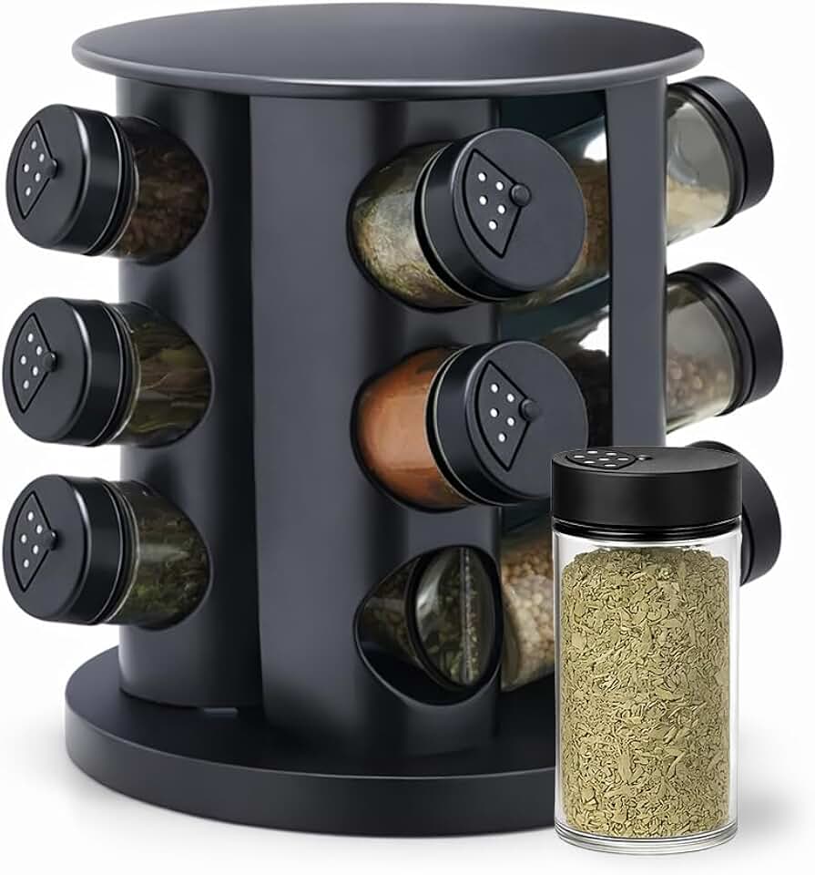 Porta Tempero Condimentos Giratório Preto Com 9 Potes 85ml Para Armazenamento De Temperos e Especiarias Resistente Premium