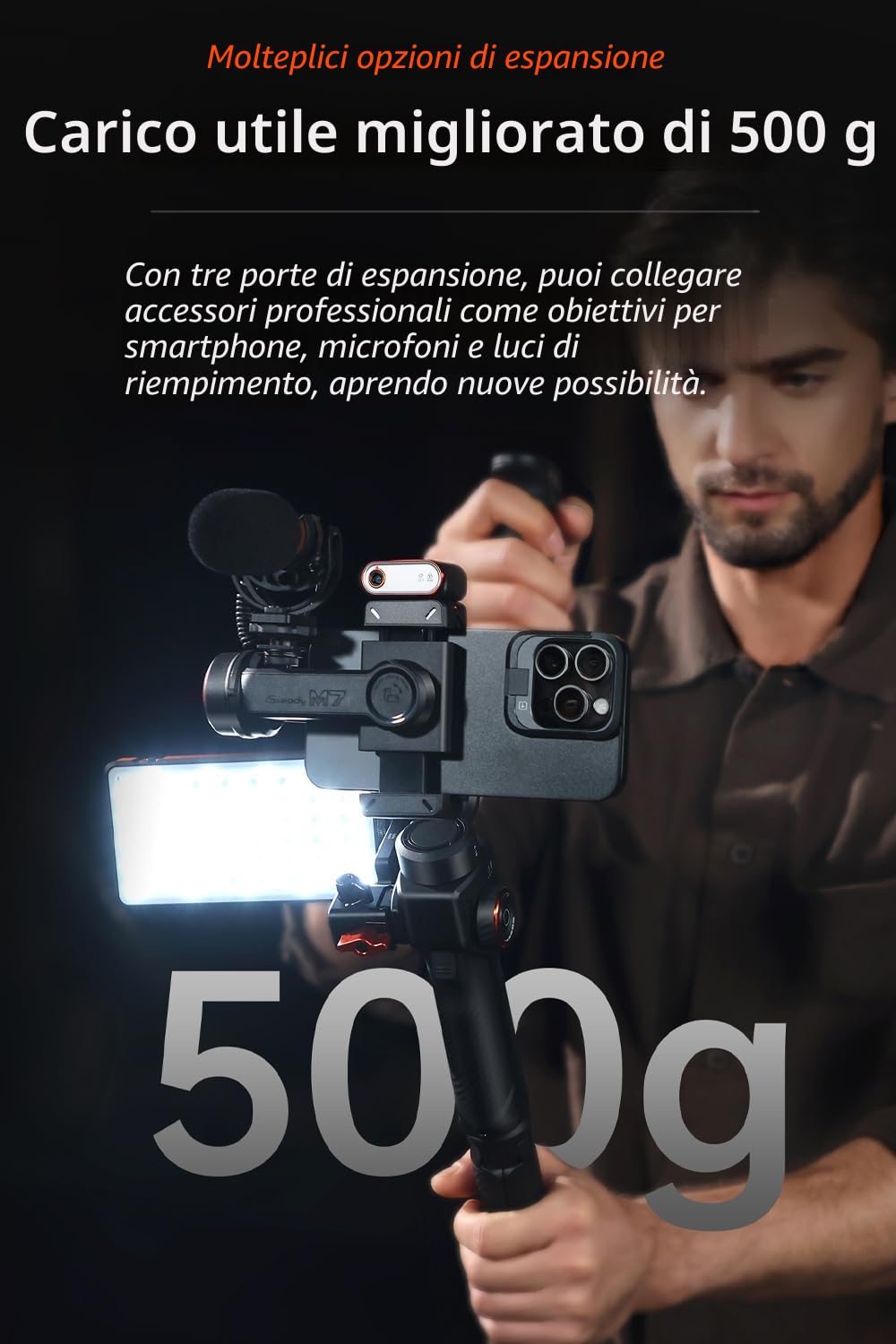 hohem iSteady M7 Stabilizzatore per Smartphone, Tracker AI con Luce RGB Regolabile,Telecomando Tattile Staccabile,Asta di Prolunga, Stabilizzatore Gimbal con Carico Utile di 500g per iPhone e Android