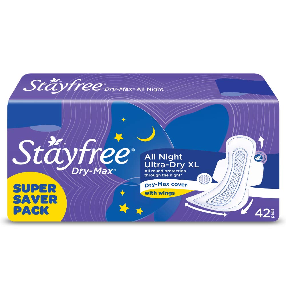 Stayfree Secure XL Cottony Sanitary napkins with Wings (40 Count) & All Night XL Dry Max Cover Sanitary Napkins - 42 Pads (Super Saver Pack) Combo 3