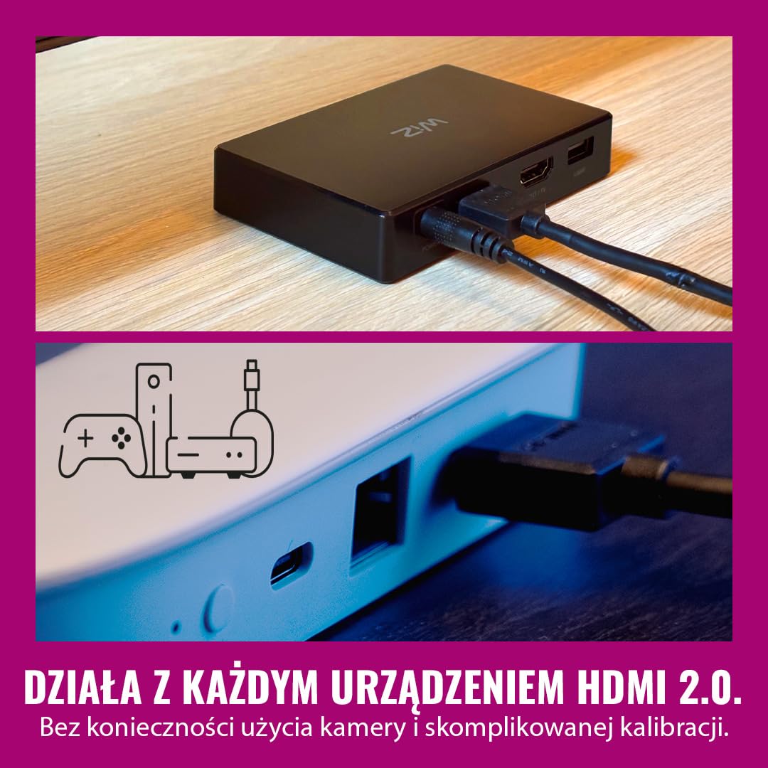 WiZ HDMI Sync Box z taśmą LED do TV, Synchronizuje światło z filmami, HDMI 2.0 Obsługuje 4K przy 60 Hz, Taśma LED RGBIC do telewizorów 55-65 cali, Sterowanie Aplikacją/Głosowe, Działa z Google i Alexą