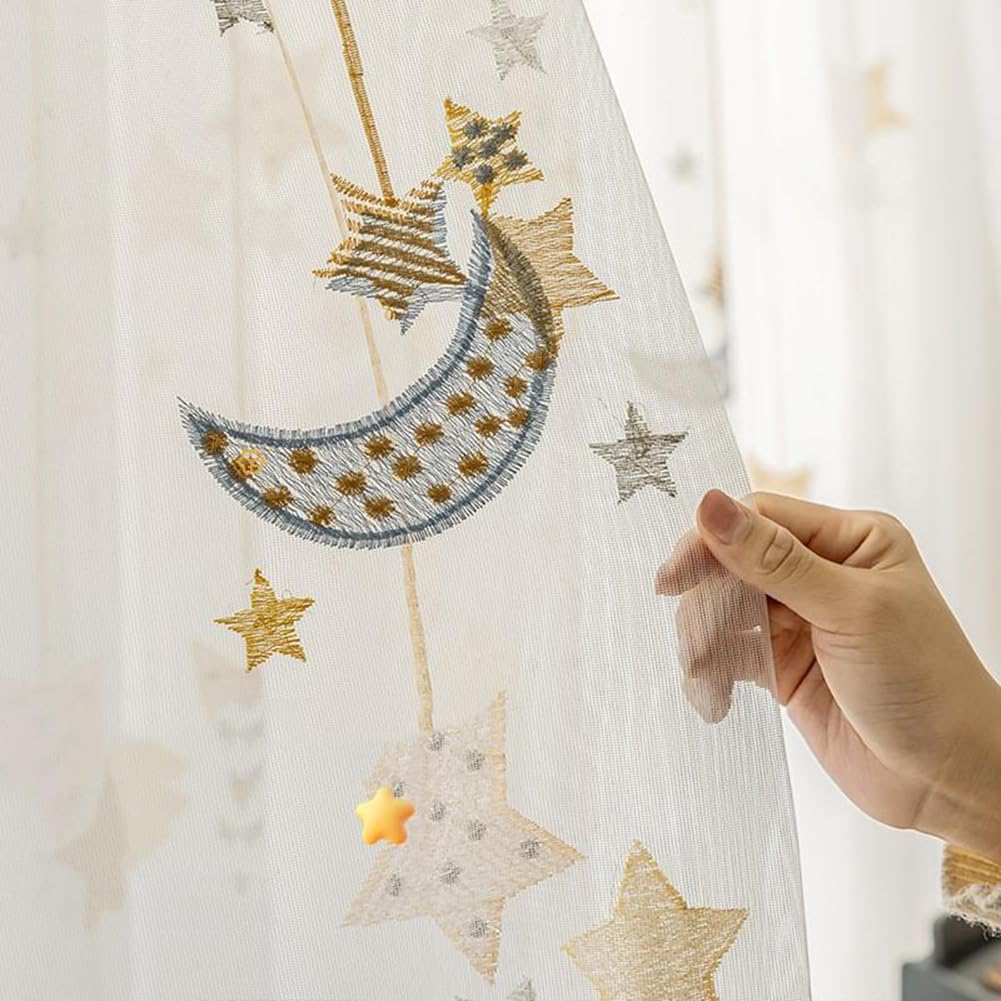 Weiß Vorhang Kinderzimmer Transparent Mädchen Jungen Sterne Mond Gardinen Durchsichtig Kinder Ösenschal für Mädchenzimmer Kinderzimmer Babyzimmer 150x225