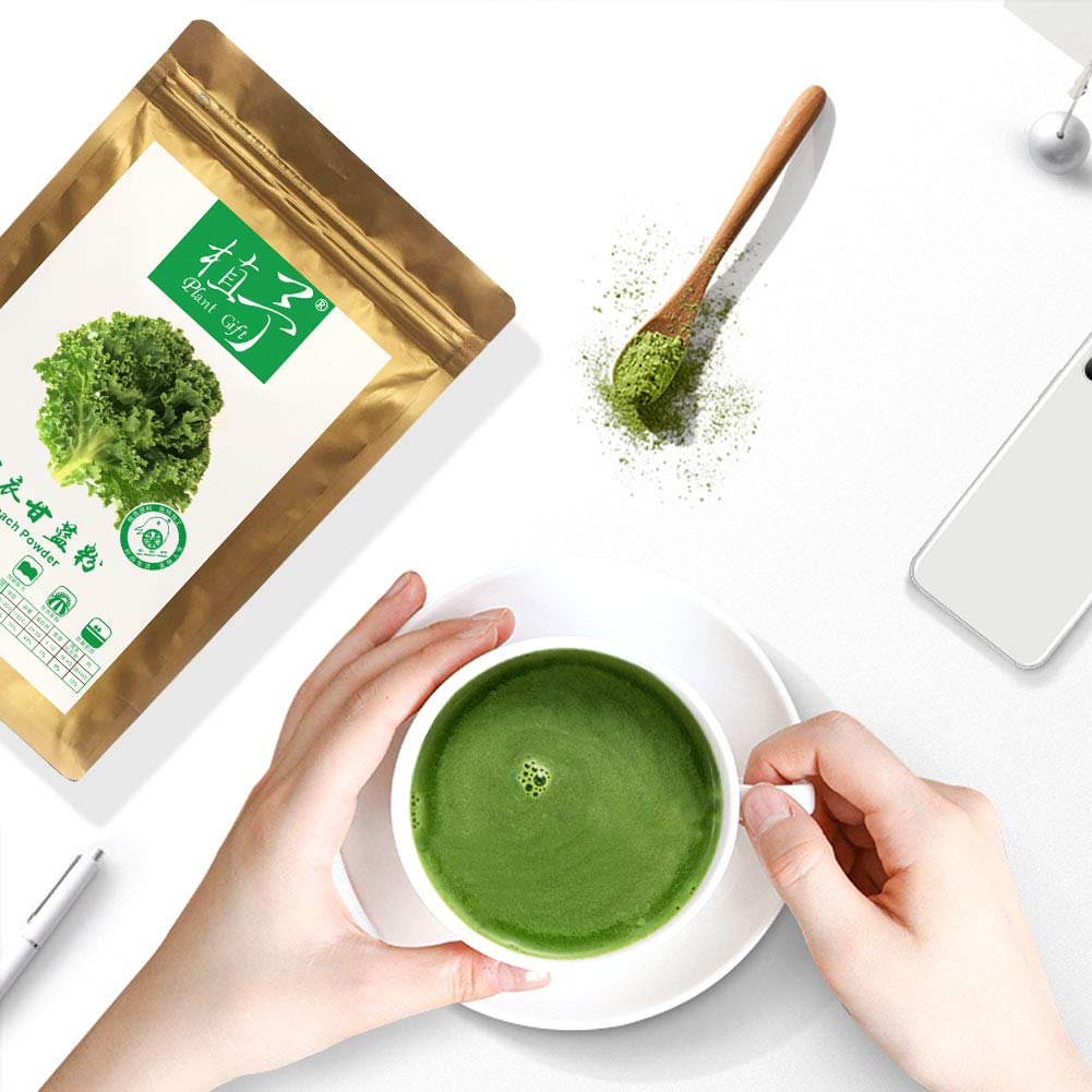 Plant Gift 100% Pure Kale Powder 羽衣甘蓝粉 Polvo verde natural Collard, excelente sabor para bebidas, batidos, yogur, horneado, galletas y bebidas, polvo no GM, sin relleno, sin aditivos 100g / 3.25oz