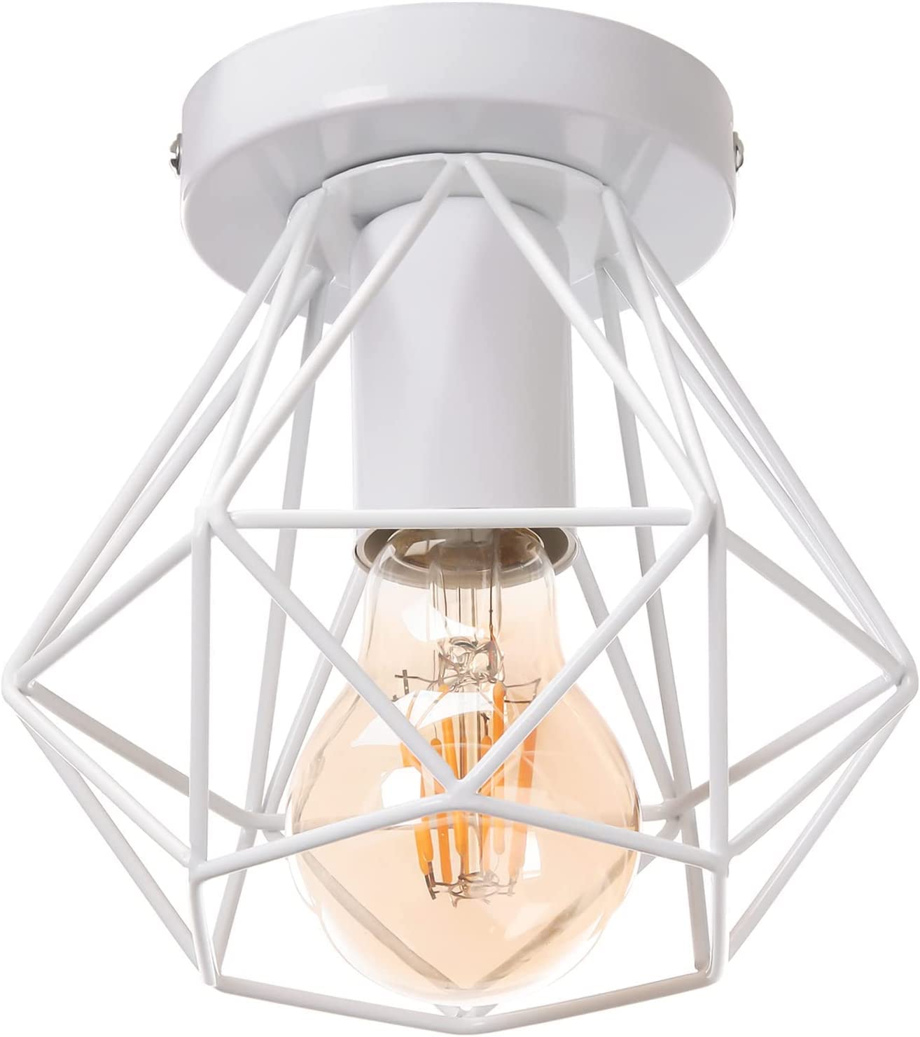 SHREALMS Industrial Ceiling Lights Wire Cage Metal Hallway Lamp - Flush Mount Ceiling Lighting Fixture, E27 Close-to-Ceiling Lights for Bedroom Entryway Loft (White)