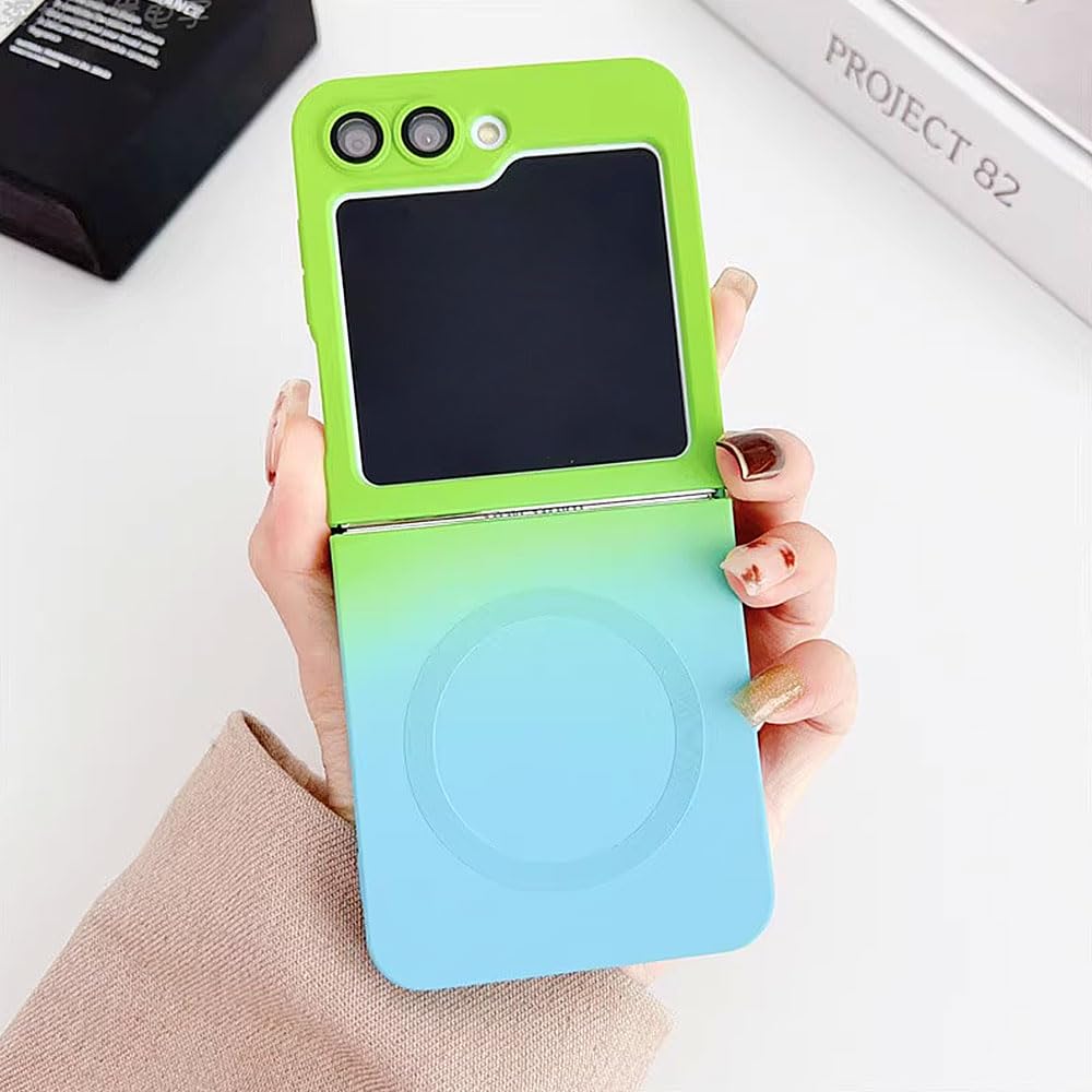 MoninstaCompatible with Samsung Galaxy Z Flip 5 Case,Two-color gradient Magnetic Phone Case,Ultra-Thin, Anti-Drop, Protective Phone Case PC Hard Cover (Green and blue)