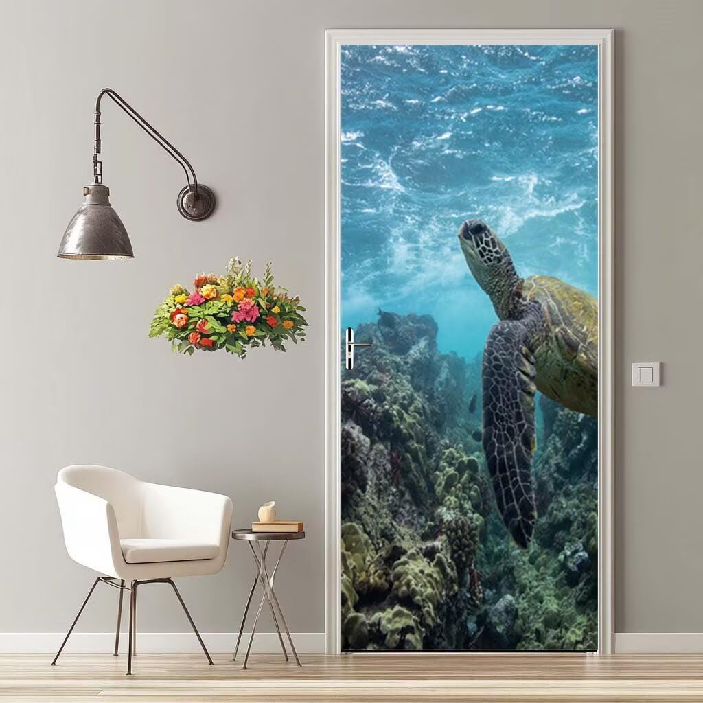 Stickers Porte 3D Trompe l'oeil Mural Tortue Fonds Marins Autocollants de Décoration pour Porte Sticker Mural Interieure Papier Peint Imperméable pour Salon Cuisine Chambre 95X215 -MT2357
