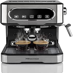 Hisense, HESCM15DBK Máquina espresso molida y compatible con ESE 44 mm, presión de 15 bar, pantalla táctil, 1100 W, plata, 27,4 x 30 x 27,2 cm0