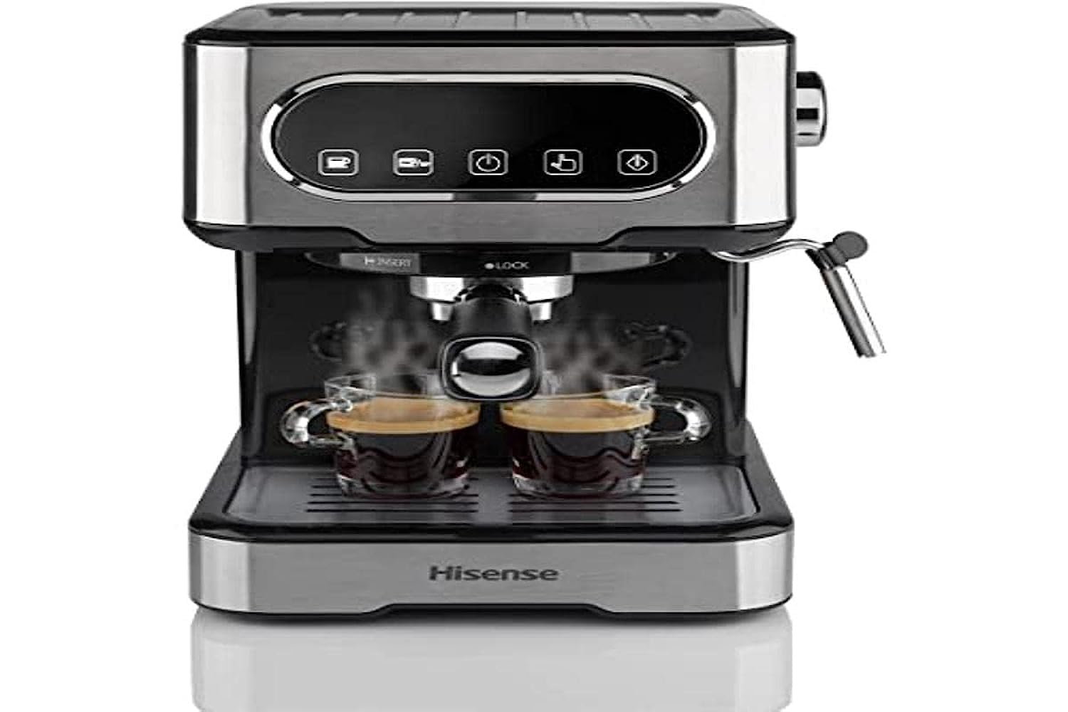 Hisense, HESCM15DBK, Machine à expresso manuelle, moulue et compatible avec dosettes ESE 44 mm, Mousseur à lait automatique et manuel, pression 15 bar, écran tactile, 1100W, Silver, 27,4 x 30 x 27,2