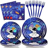 SCIONE 96 Pcs Space Theme Birthday Party Decorations Supplies Galaxy Party Tableware Set for 24 Guests Includes 24 9" Plates, 24 7" Plates, 24 6.5" Napkins, 24 Blue Forks