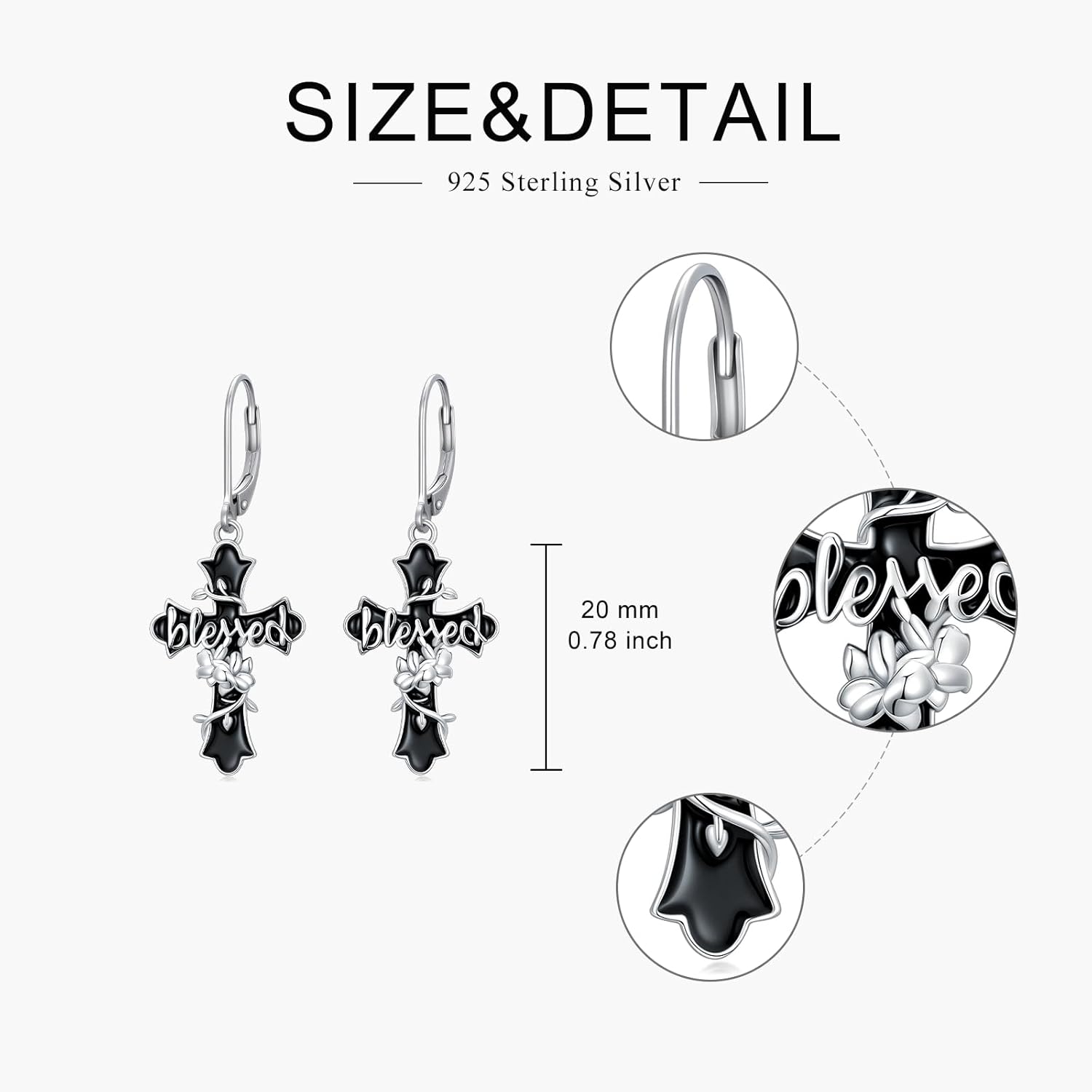 Blessed Earrings 925 Sterling Silver Black Cross Flower Leverback Dangle Drop Earrings Faith Christian Religious Jewelry Gift for Women - Image 4