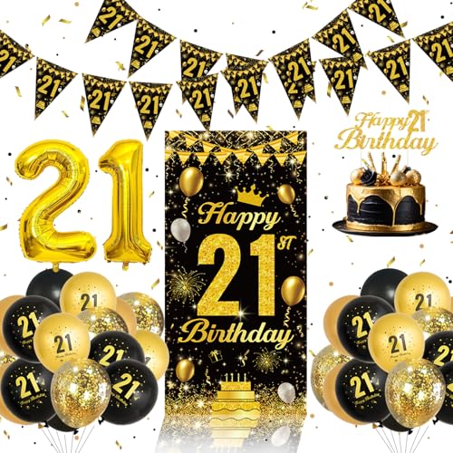 QIFU Decoração aniversário 21 anos mulher - balões de aniversário pretos e dourados, faixa feliz aniversário 21 anos decoração bolos, Birthday Gifts para meninas homem Photocall feliz decoração