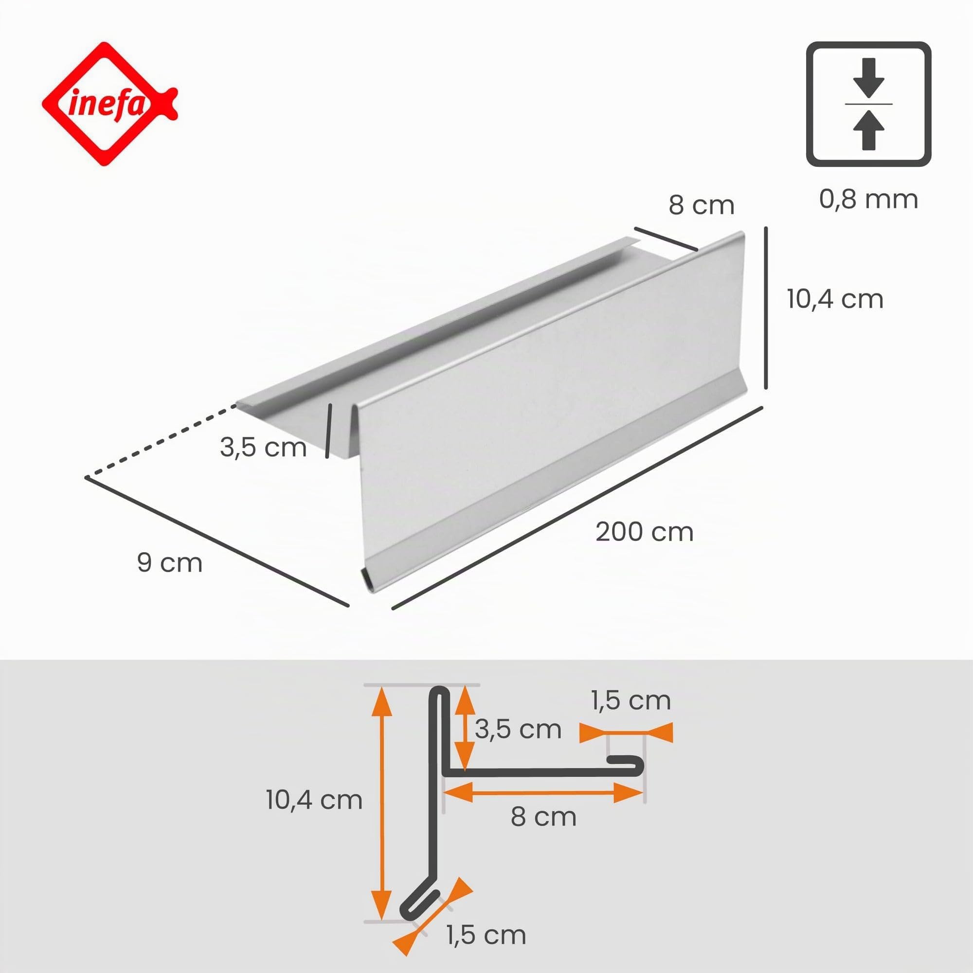 INEFA 200cm Rive avec Rainure d'Eau Aluminium Argent Tôle Drainage Toit Gouttières