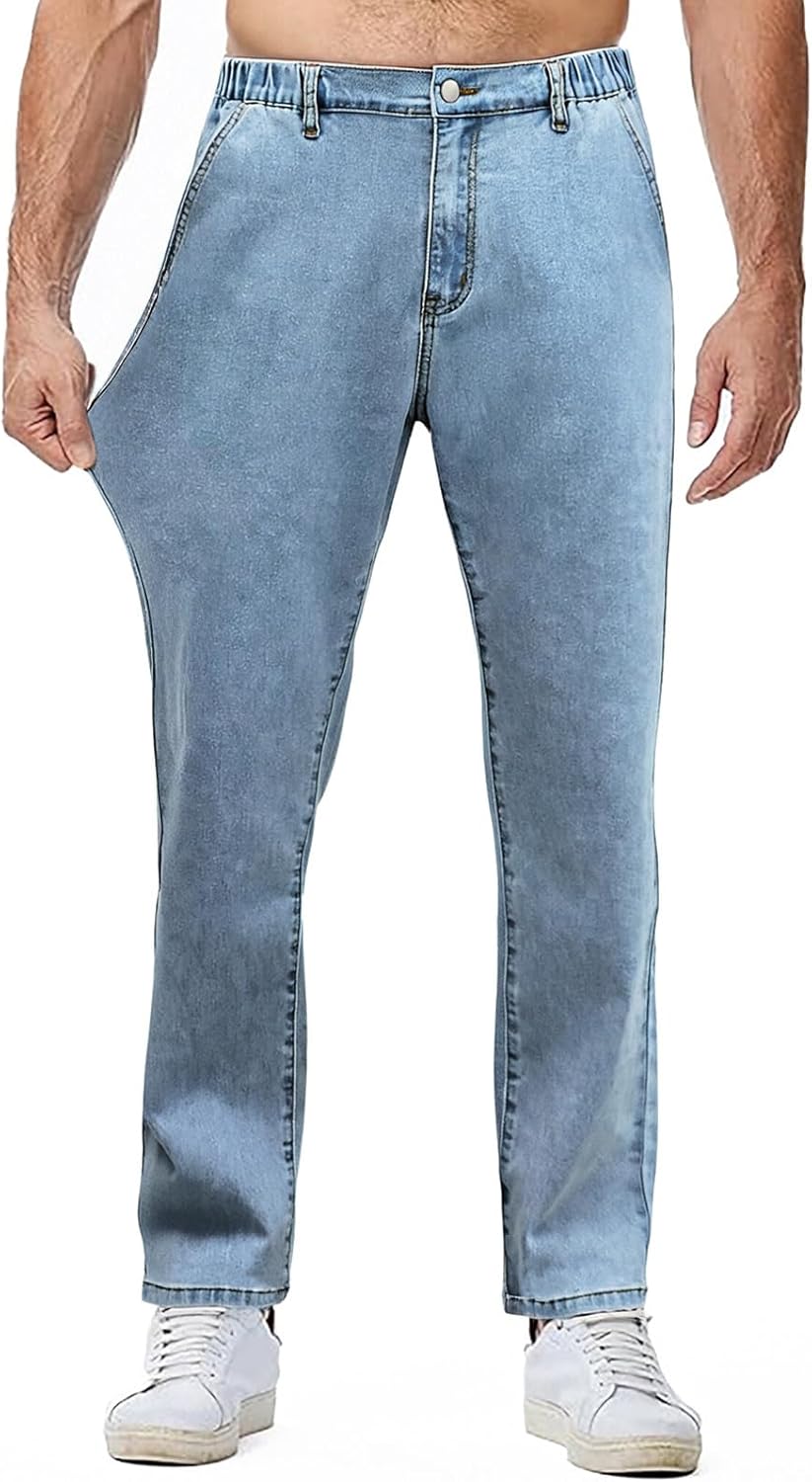 Business-Style Men's Relaxed Fit Elastic Waist Jeans Stretch Denim Pants with Zipper and Button Closure - Image 2